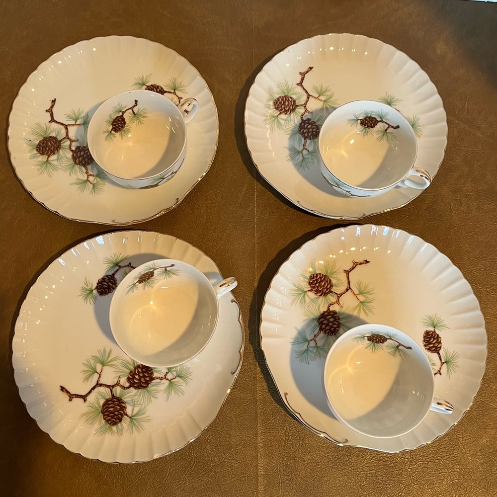 Set of 4 Luncheon Sets- Plates and Cups Hand-painted with Pine Branches